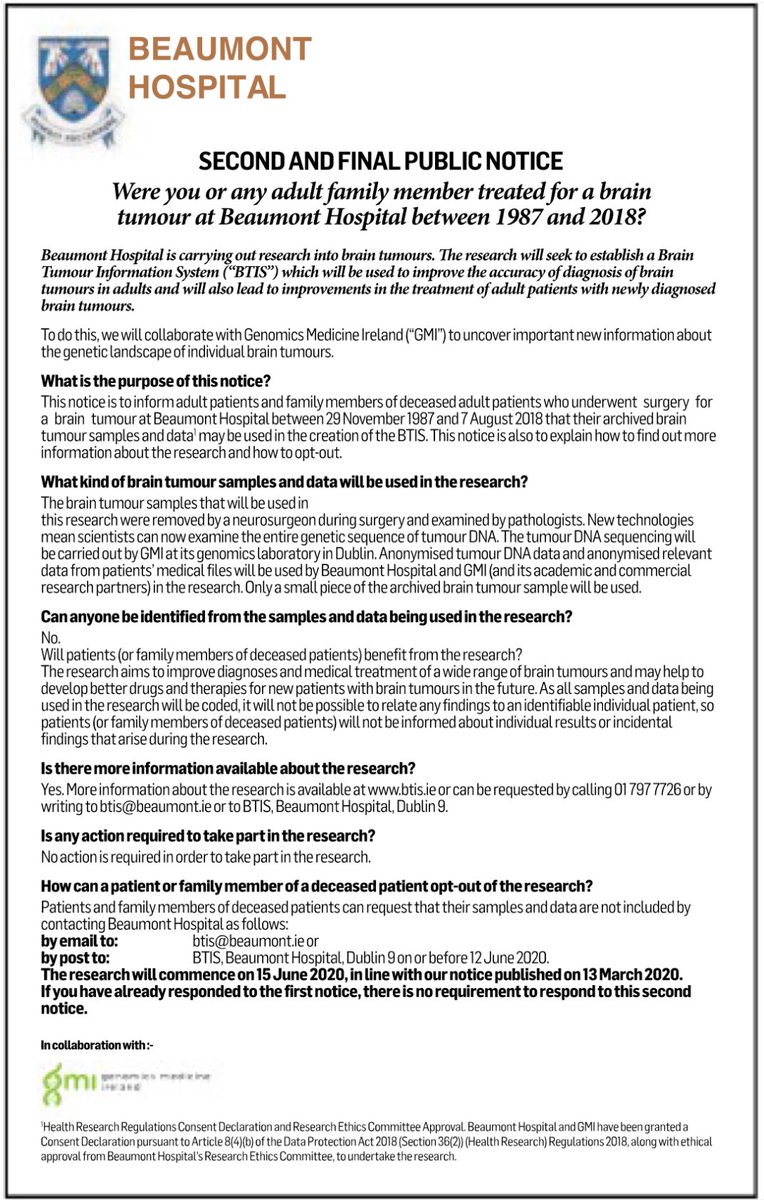 While our focus is on  #COVID tracking privacy, a worrying advert in today’s  @irishtimes advert today requesting consent from families of deceased brain tumour patients. Plan to share  #DNA with Chinese WuXi NextCODE owned company GMI.