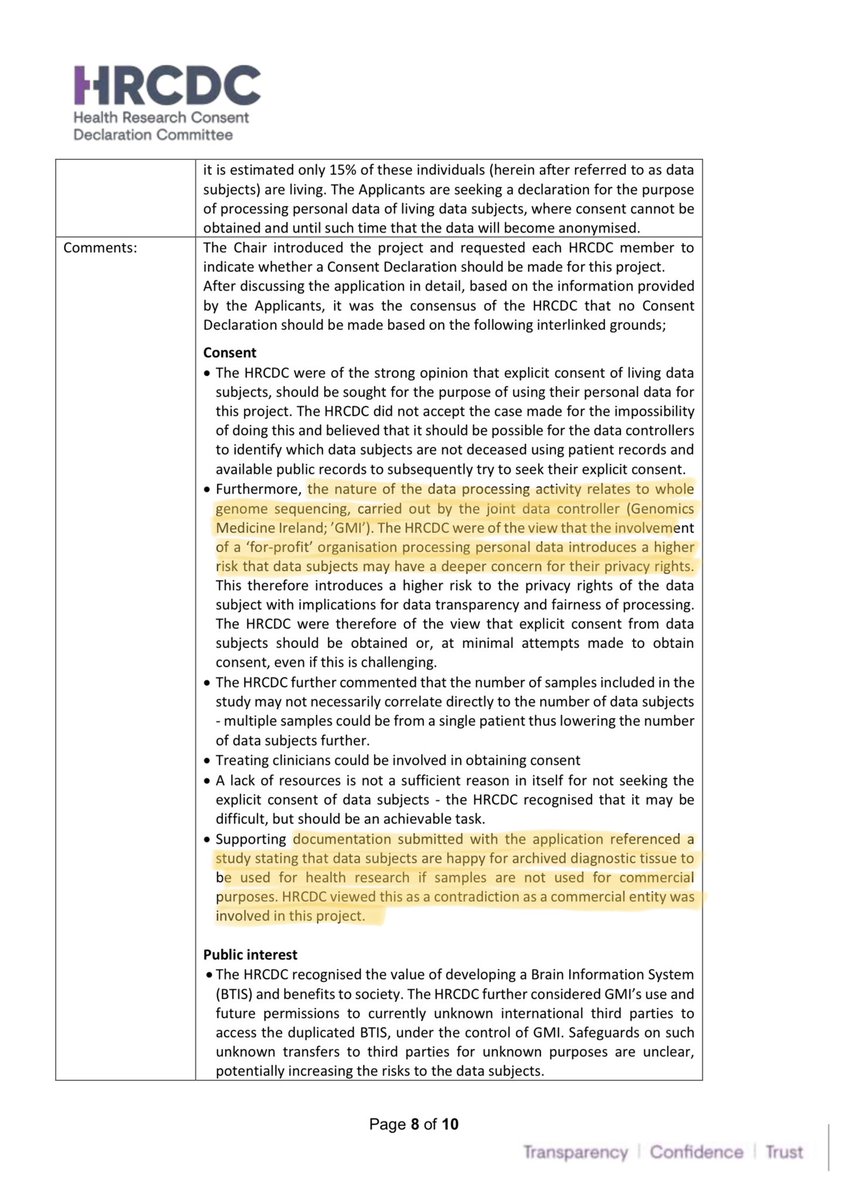The Health Research Declaration Committee initially rejected the application (19-006-AF3) citing concerns regarding the potential privacy risk of a “for-profit” accessing whole genome sequencing.  https://hrcdc.ie/wp-content/uploads/2019/07/HRCDC-Meeting-Minutes-13.06.2019-APPROVED-.pdf