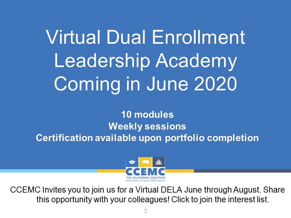 Shifted to a Virtual #DualEnrollment Leadership Academy today -- great success. Consider joining our summer cohort and be certified as a #CADualEnrollment leader. @CADualEnroll conta.cc/3awwdHy