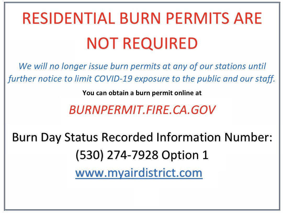 Burn permits are not required at this time, that will be changing in the near future. To limit the exposure of corona virus please get your burn permits online. 

Please pass this information on to others!