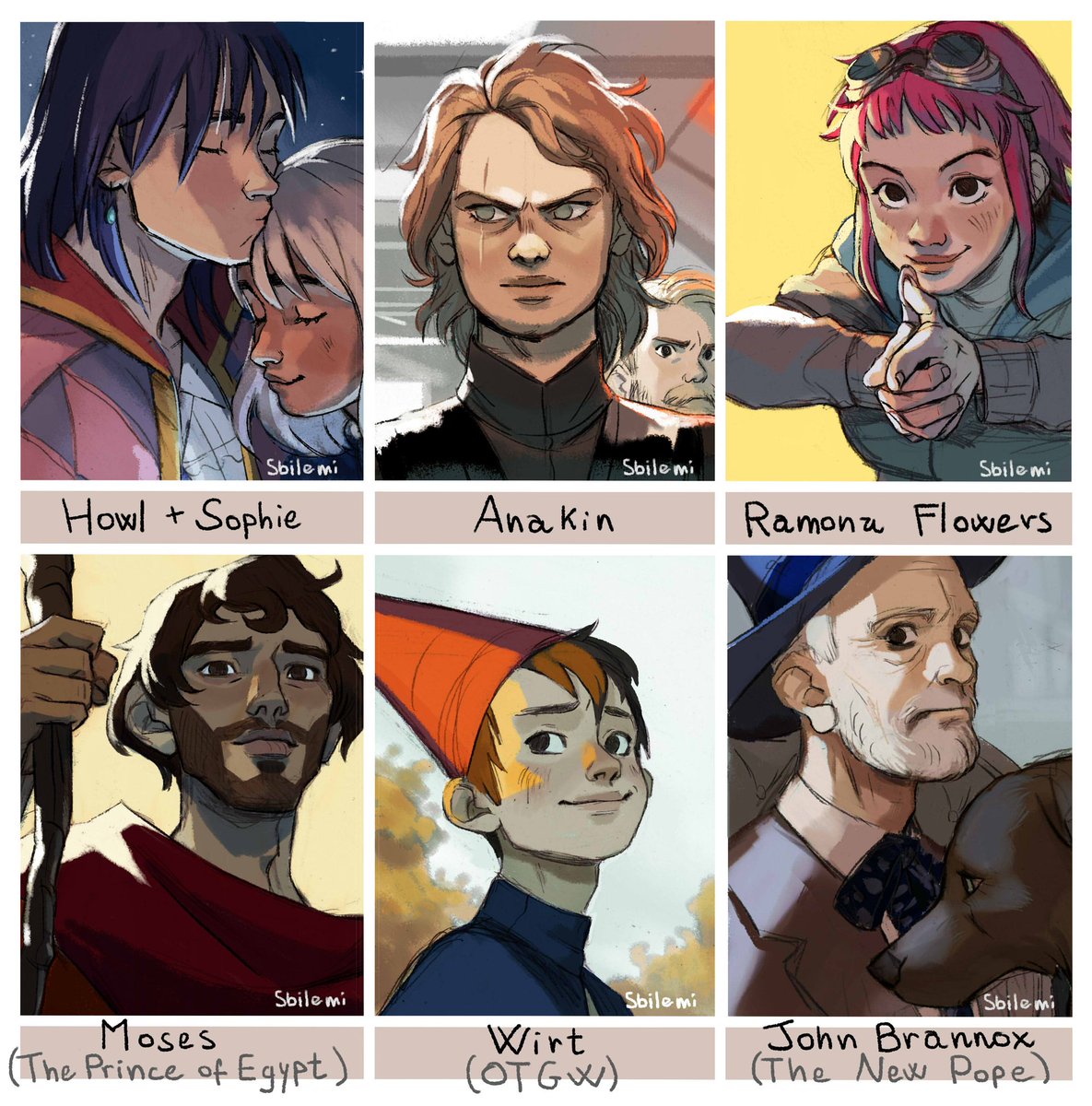 It's complete C:
Thanks a lot to those who suggested the characters on ig, it was hard to do a selection 💔
#sixfanarts ~ 
#sixfanartschallenge #howl #howlmovingcastle #anakinskywalker #ramonaflowers #theprinceofegypt #wirt #overthegardenwall #otgw #johnbrannox #thenewpope