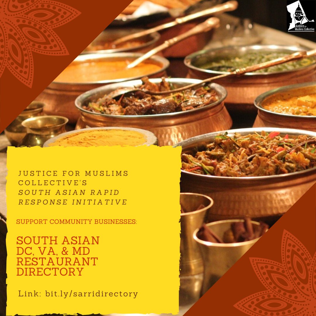 Thread and Ask: Hey friends I'm so hyped our South Asian Rapid Response (SARRI) crew, (led by  @dcmuslimjustice) has made a directory of South Asian restaurants & grocery stores in DC,MD, & VA to support. This crew has worked really hard. Can you share? http://bit.ly/sarridirectory 