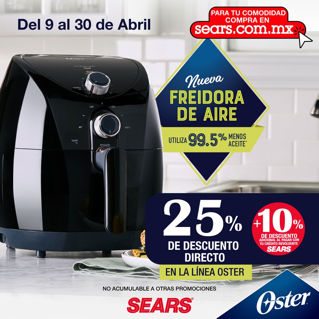 Sears El Salvador - El aire caliente de la Freidora de Aire Oster, circula  alrededor de la comida, lo que permite cocinar dejando una capa crujiente  por fuera, suave y jugosa por