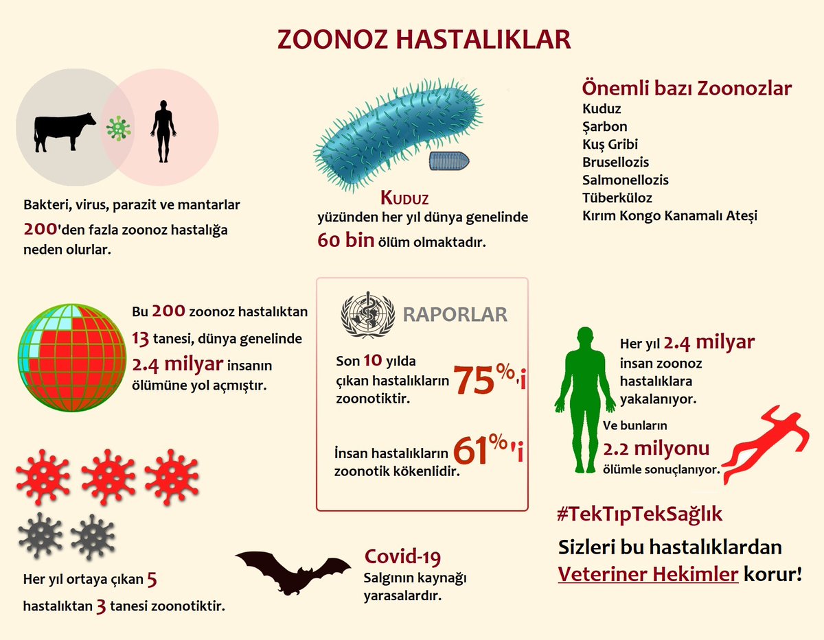 200'den fazla zoonoz hastalık vardır. Her yıl 2.4 milyar insan bu hastalıklara yakalanır ve 2.2 milyon kişi hayatını kaybeder. Sizleri bu hastalıklardan Veteriner Hekimler korur. 
#DünyaVeterinerHekimlerGünü
