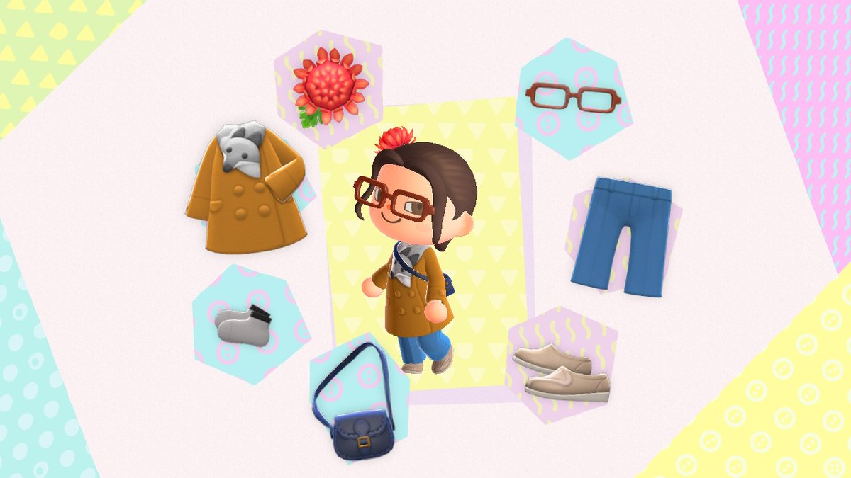 Got a ton of Nook Miles for that red mum in the hair, and I built down from there for a cozy look. Plushie-muffler coat, satin pants, no-show socks, walking shoes, square glasses, and a pleather shoulder bag!