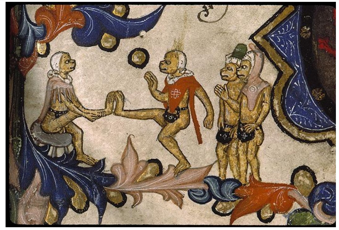 Does anyone know what these figures are doing with their feet? I keep seeing it described as "wrestling," but I've never found any explanation, and I've found versions of this image everywhere.  #MedievalTwitter
