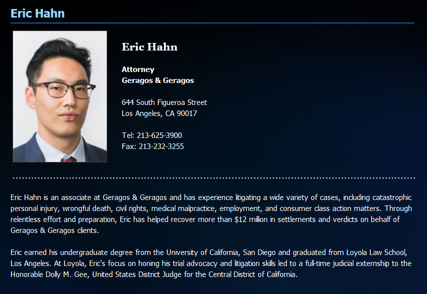 The only associate lawyer that got their license & works or worked at the firm that defended Dermen is Eric Y. Hahn. They may have other associates that never made it onto their website, CW1 may not work for the firm that defended Demen.