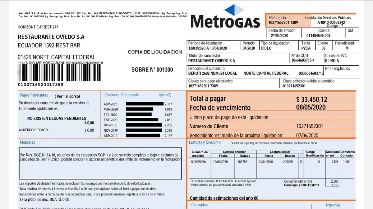 El restaurante está cerrado desde 20/03. Para @MetroGAS consumimos más que mismo período del 2019. Dicen lectura Real, pero el medidor hoy dice otra cosa. $ 33.000 cobrarán x débito automático. No atienden reclamos.  #CazandoEnElZoológico.
Así ayudan a las Pymes. País en marcha.