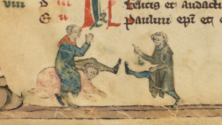 Does anyone know what these figures are doing with their feet? I keep seeing it described as "wrestling," but I've never found any explanation, and I've found versions of this image everywhere.  #MedievalTwitter