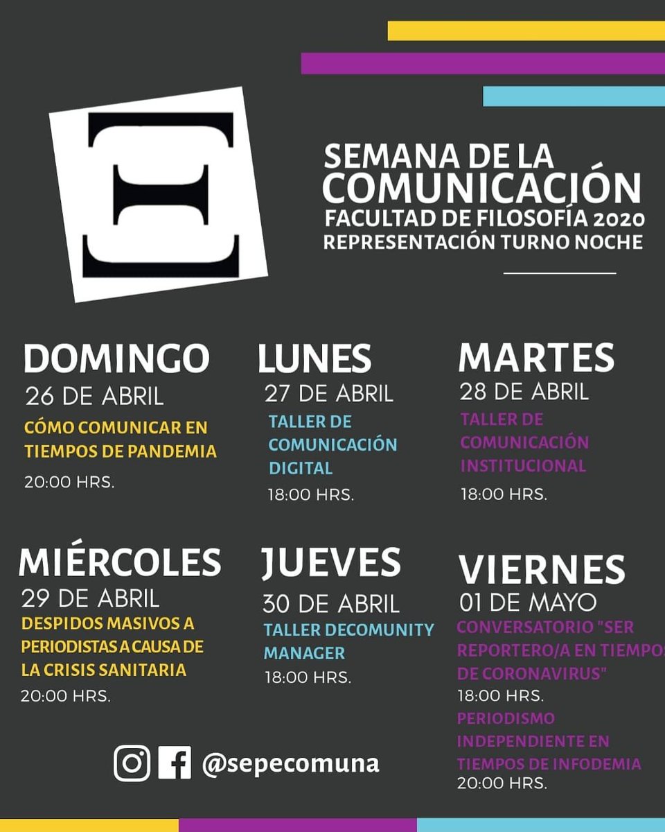 sepecomuna's tweet photo. ANUNCIAMOS OFICIALMENTE EL PROGRAMA DE LA SEMANA DE LA COMUNICACIÓN. 

Talleres y Charlas 
Del 26 de abril al 1 de Mayo  

Disfrutemos de una semana diferente 🗣🤳 https://t.co/2w7kUE5hkQ