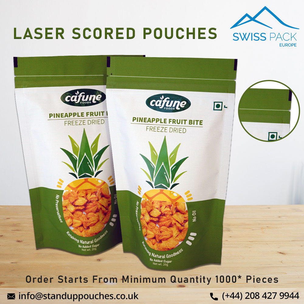 swisspackUk's tweet photo. Laser scored bags opens in line avoiding damage of zippers, the pouch appearance very clean because of precise opening. 

📱+ 44 2084279944     📧 info@standuppouches.co.uk

🌐 https://t.co/rqoCJD5OR1 https://t.co/u3auHWFlLK