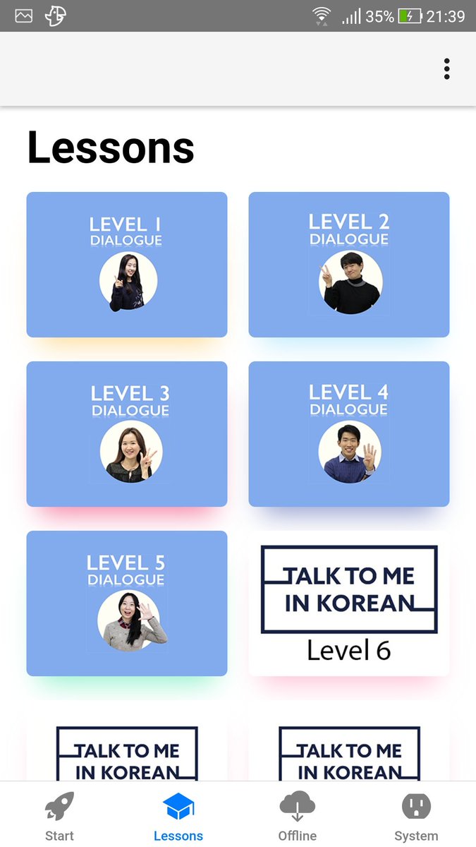 Next is the Korlink app which is the app by Talk to me in Korean. It has different levels and each one has multiple lessons. This one is very useful after you are more familiar with 한글 Because it's focused more on dialogues and speaking practices. ++