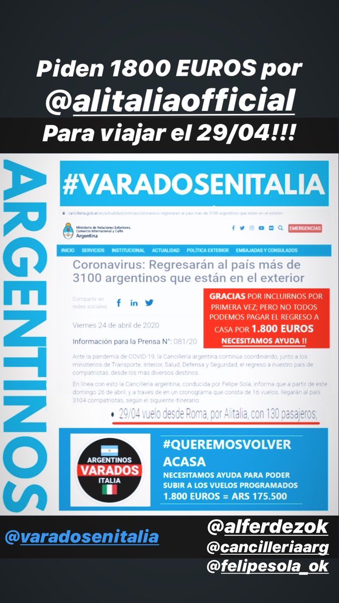 ju_jaidi's tweet photo. Mucha gente esta esperando volver a casa! Necesitamos que el estado nos ayude!!!
@alferdez @felipe_sola @CancilleriaARG @varadosenitalia https://t.co/YGfl6qaLsT
