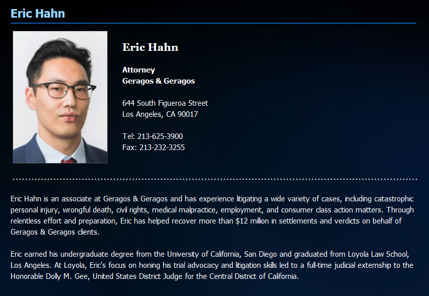 IF, and that is a huge if, he was the not quite lawyer who recruited the FBI agent in LA, how would a law student make that connection?Well Eric Hahn was working on an externship at the time of the meeting for a US Federal Judge in Los Angeles, might get you invited to that!