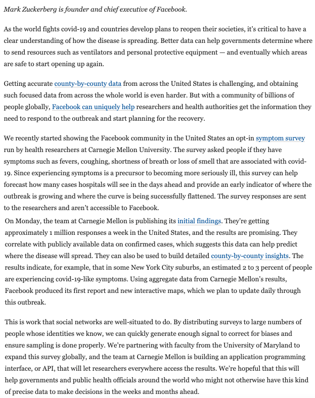 2/ Mark Zuckerberg wrote an oped in the  @washingtonpost last week describing how FB was allowing CMU researchers to post an ad for an online symptom survey for free on the platformFB would push sample weights to them but wouldn't be getting any data back https://www.washingtonpost.com/opinions/2020/04/20/how-data-can-aid-fight-against-covid-19/