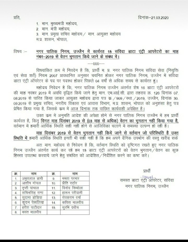 haroonpariyani's tweet photo. @drnarottammisra @tulsisilawat @CMMadhyaPradesh @bjpanilfirojiya @parasjainonline 
सर अप्रेल माह समाप्ति पर है हम उज्जैन निगम में कार्यरत संविदा डाटा एंट्री ऑपरेटर को दिसम्बर माह से वेतन नही मिला है, निवेदन है कि हमे वेतन दिलवाए जाने हेतु संबंधित को निर्देशित करने का कष्ट करें https://t.co/SsV3J7LayH