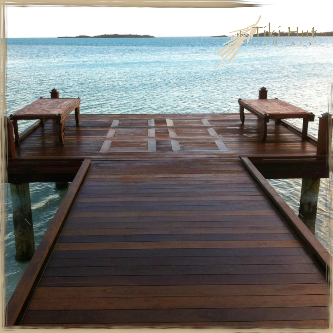 Ipe decking in paradise with a custom design. For all your luxury decking needs, contact us today for a free consultation.

 #thetikihutcompany #thetikihutco #TTHC #tiki #tikihut #hut #thatch #deck #decking #dock #water #ocean #sea #lake #boatdock
