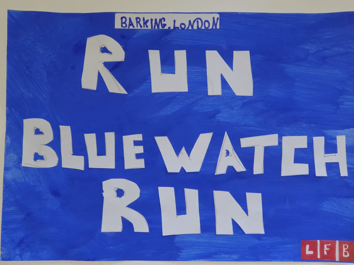 LFBBarkDag's tweet photo. We are loving the banners and art work made to support the Barking firefighters.  It's a great idea for those staying at home #StaySafeStayHome #londonmarathon  @LondonFire https://t.co/XOXAEocSGD https://t.co/nfKEEYebm2