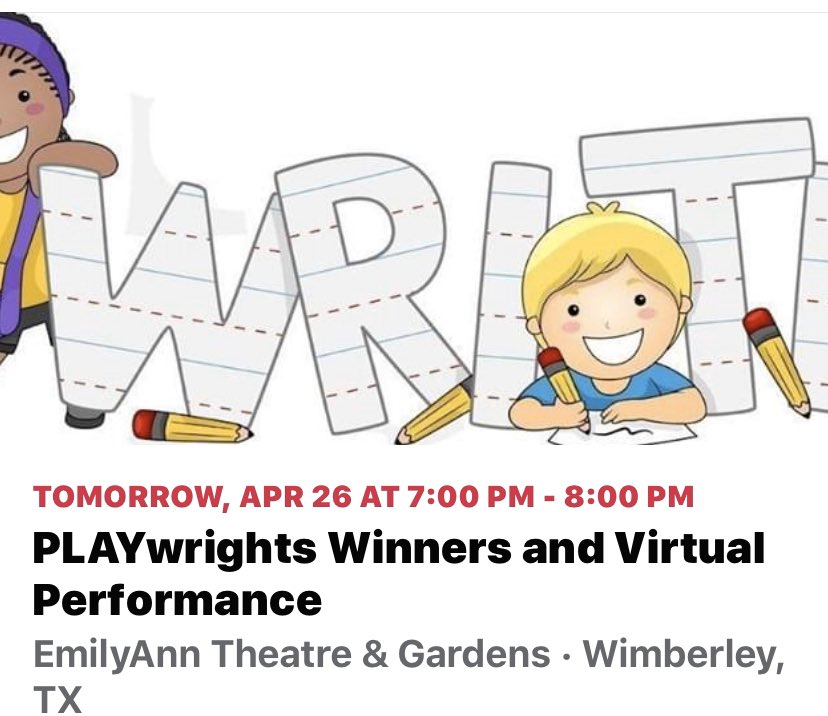 So proud of Mrs. Moon Hernandez &amp; her award-winning GT students! 3 student-written plays were selected out of hundreds by <a href="/EmilyAnnTheatre/">EmilyAnn Theatre</a> to be produced &amp; performed live (virtually) by professional actors tomorrow @ 7pm. Congratulations to our playwrights! 🖋📜😊<a href="/SanMarcosCISD/">San Marcos CISD</a>