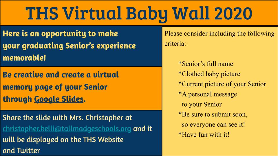 oldannounce_ths's tweet photo. Any Virtual Baby Wall slide that is turned in will not only be on the website and Twitter, it will also be added to the 2019-2020 yearbook 😀 @jsheadrick @THS_Staszak @Tcsferguson @THS_JStew  #tallmadgestrong #classof2020 https://t.co/2iRodbNHIb