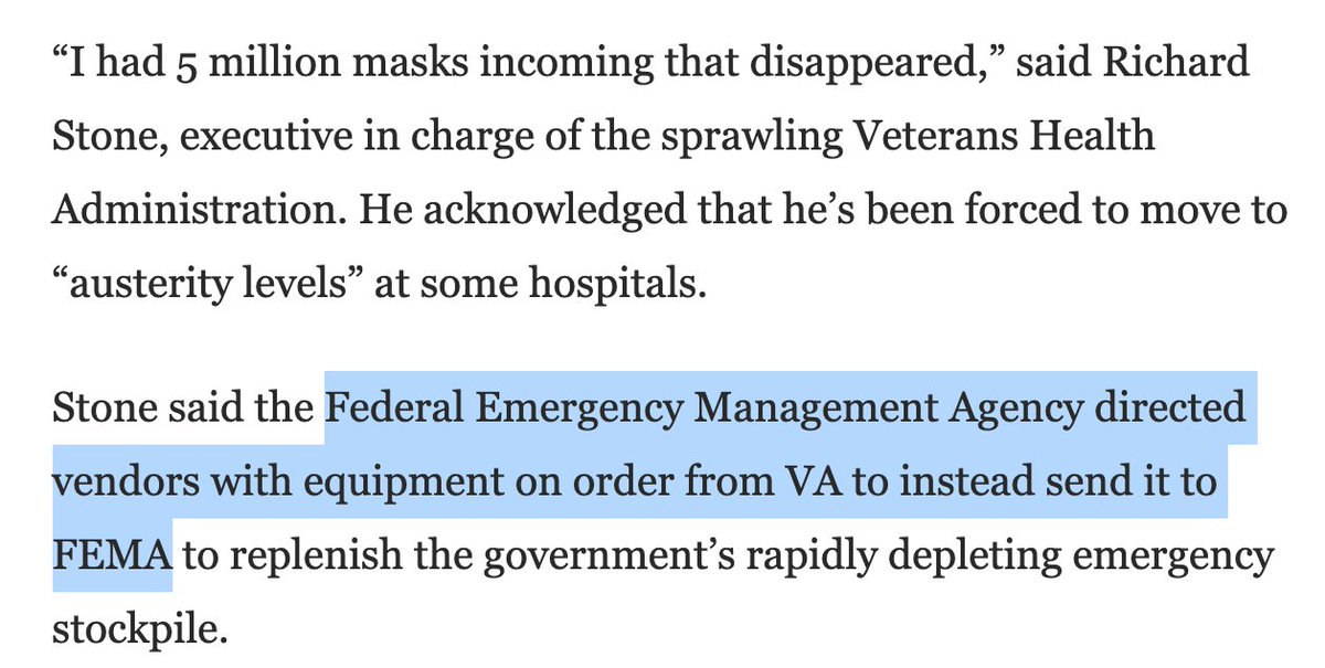 The federal government is confiscating orders from...the federal government!FEMA hijacked 5 million masks from the VA, which is very short of supplies. The masks "disappeared," say VA hospital chief. Hospitals are now at “austerity levels.” https://www.washingtonpost.com/politics/va-health-chief-acknowledges-a-shortage-of-protective-gear-for-its-hospital-workers/2020/04/24/4c1bcd5e-84bf-11ea-ae26-989cfce1c7c7_story.html