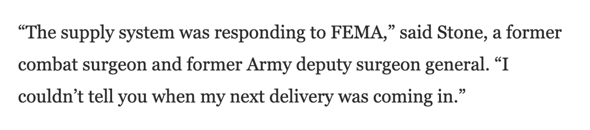 “I couldn’t tell you when my next delivery was coming in,” says VA hospital chief.FEMA took VA's order of 5 million masks that are desperately needed *now*--and instead allocated them for the strategic *reserve.*Exactly what kind of strategy is that. https://www.washingtonpost.com/politics/va-health-chief-acknowledges-a-shortage-of-protective-gear-for-its-hospital-workers/2020/04/24/4c1bcd5e-84bf-11ea-ae26-989cfce1c7c7_story.html