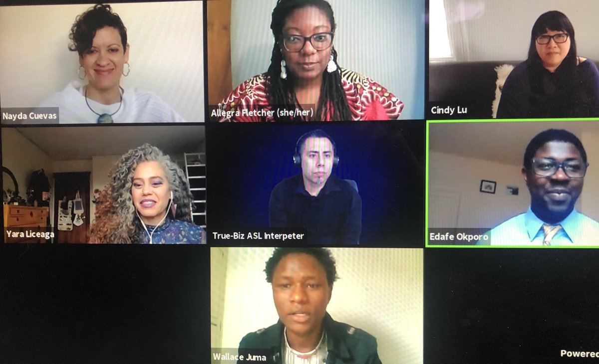 Fabulous panel with Nayda Cuevas, Cindy Lu, Yara Liceaga, <a href="/EdafeOkporo/">Edafe Okporo</a>, Wallace Juma happening now in #aes2020 after <a href="/wirelesshogan/">Mark Charles</a>’s motivating keynote.

#bosarts 
#artsequity
<a href="/ArtsConnectInt/">Arts Connect International</a>