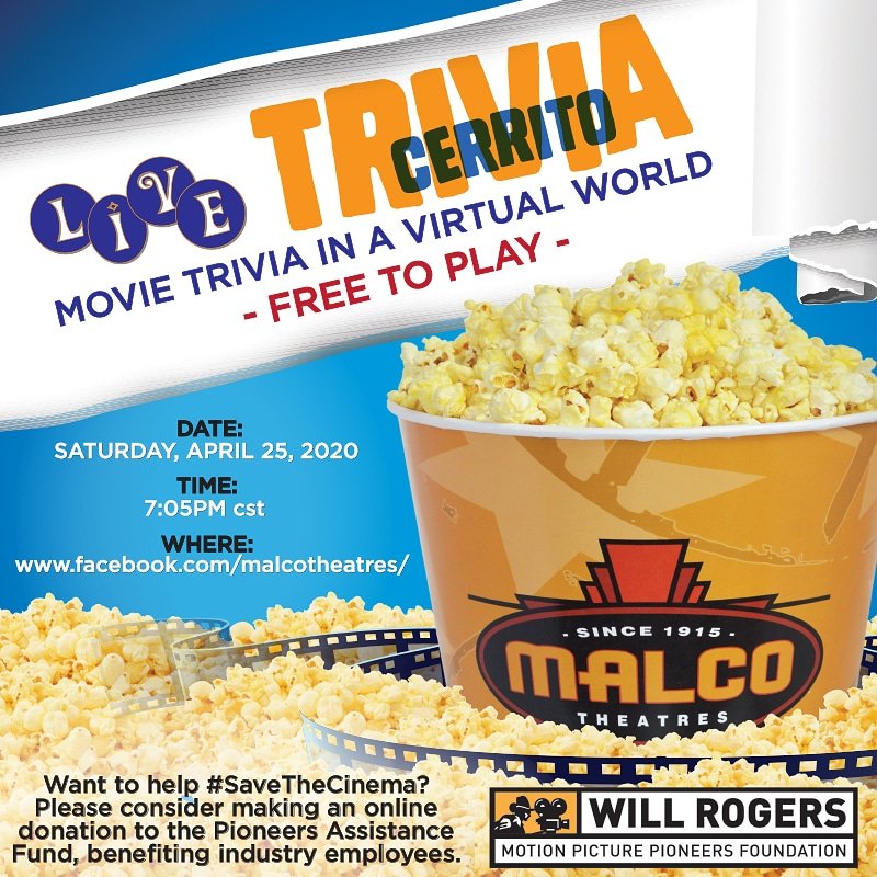 cerritolive's tweet photo. Join @cerrito tonight at 7:05pm CDT as we partner with @malcotheatres for a special edition of Movie Trivia on Facebook Live. Watch and play along live at https://t.co/4OeuYosp0d. #cerritotrivia #malcotheatres #savethecinema 🤔 📽 🎞 https://t.co/8Xb6XZzZFJ