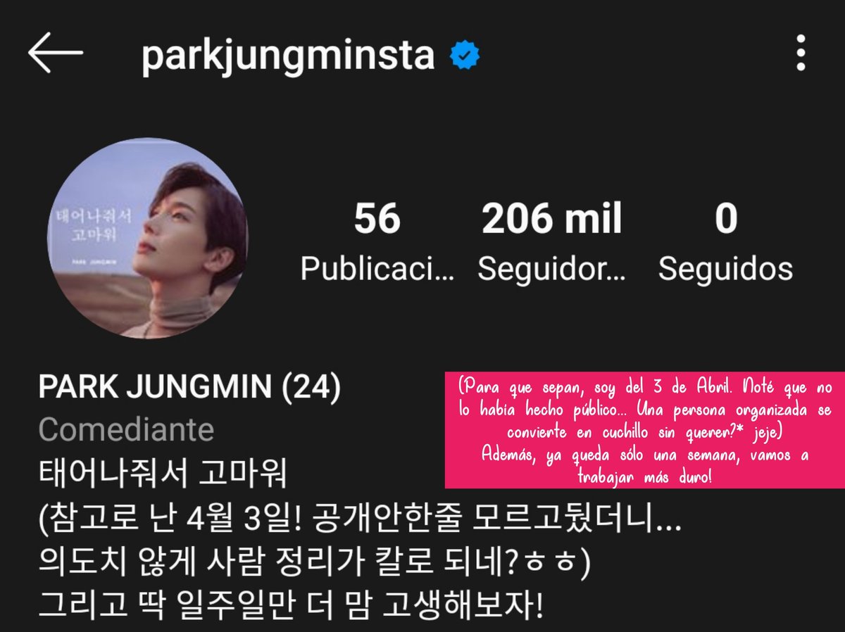 PJM_ARGENTINA's tweet photo. [Trans] Jungmin actualización IG (25.04.20)

(*no entendimos bien el significado de esa oración)

Cr: https://t.co/WceQe76RmK

#parkjungmin #ss501 #박정민 https://t.co/oi6vWoor2C