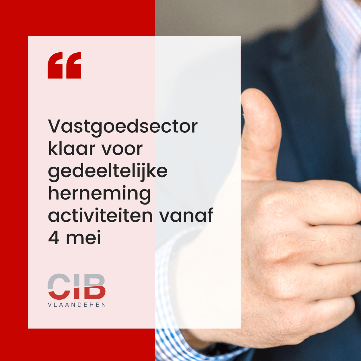 Vastgoedkantoren kunnen vanaf 4 mei gedeeltelijk hun activiteiten hernemen. Kantoren effectief openen vr publiek en plaatsbezoeken afleggen (B2C) zal pas vanaf 11 mei mogelijk zijn. Tot die conclusie komt CIB Vlaanderen na de Nationale Veiligheidsraad. bit.ly/2VCygWg