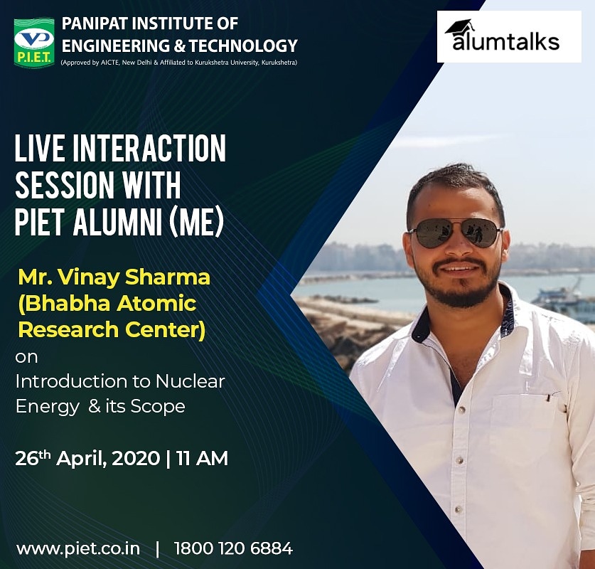 PIETPanipat's tweet image. Learn from the #experts. PIET is organizing the  alumni interaction program with Mr.Vinay Sharma of Bhabha Atomic Research Center.
The purpose of this session is to educate  students about Introduction to #NuclearEnergy &amp;amp; its Scope.
#PIETAlumni #PIET #InteractionSession 
#ME