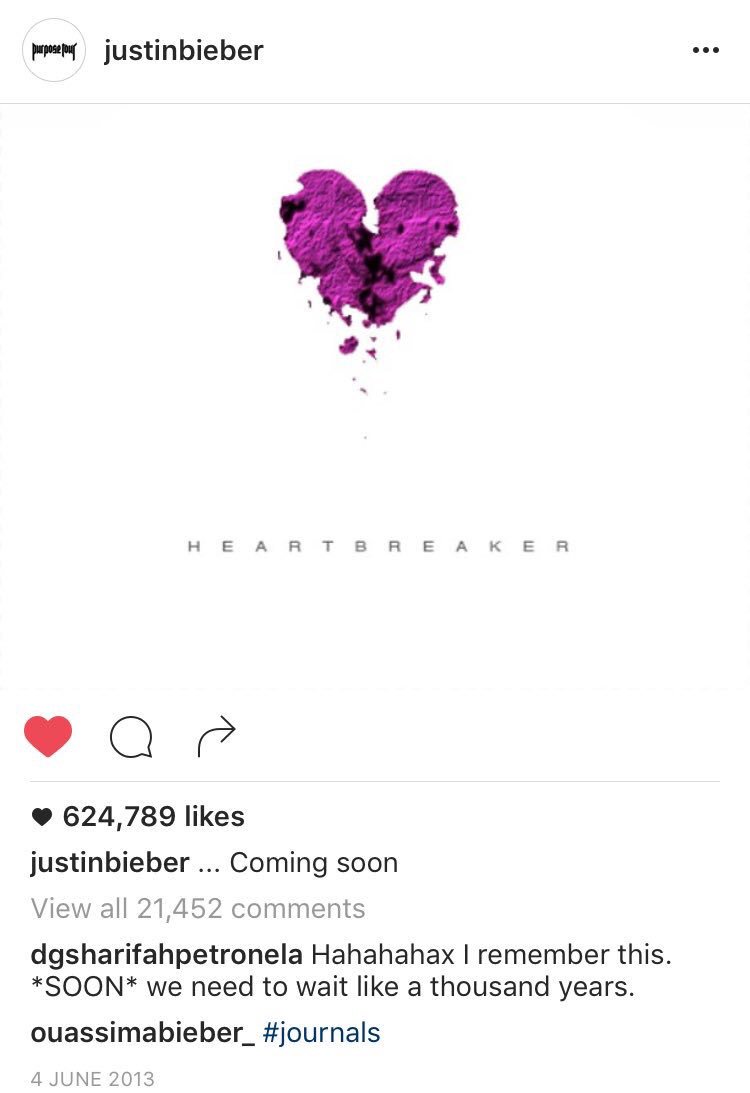 the way justin teased us with heartbreaker and had us searching the whole internet like crazy to find some clues and the word "soon" become a nightmare lmaoo it literally took him 4 months and 4 days to release the song