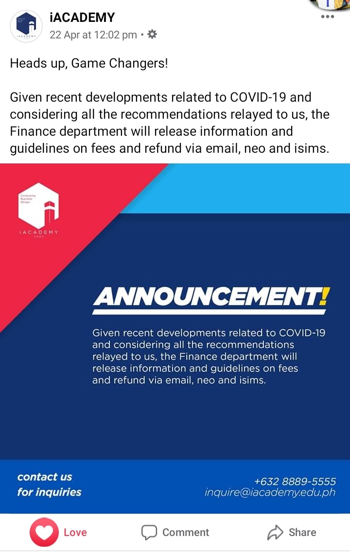 6. Refund, but not exactly.On April 22, the school posted that they'll provide partial refund. However, it was not "refund", but "credit". Refund will only be provided to graduating students. For continuing students, there is only 8% worth of "credit" instead.