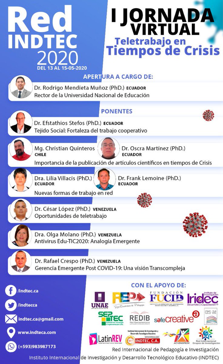 ➡️ Nuestro Rector <a href="/mendietarodrigo/">Rodrigo Mendieta Muñoz</a> participará junto a prestigiosos docentes de la #UNAE en las Primeras Jornadas Virtuales de Teletrabajo en Tiempos de Crisis 2020. Inscríbete y participa en el siguiente link:
🔗 bit.ly/2zvhuzQ
📍Un evento organizado por <a href="/indtecca/">Indtec, C.A.</a>