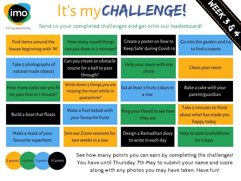 imocharity's tweet photo. Well done to all of you for taking part in our #week2. Are you ready for this weeks #challengegrid funded by @BBCCiN? #SaveTheChildren #PandemicCovid19 #StayAtHomeSaveLives https://t.co/dTtifs72fF
