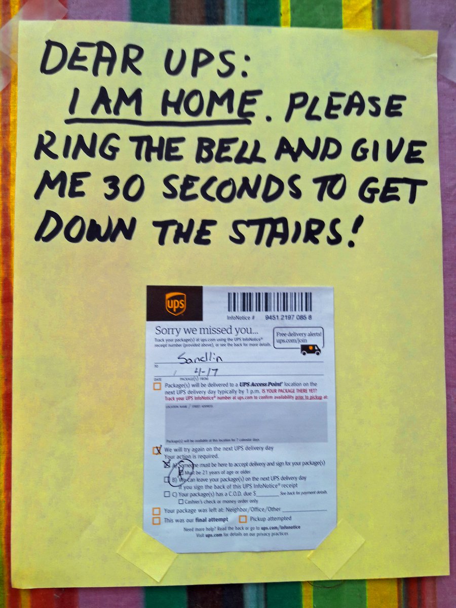 nsandlin's tweet photo. @UPS I was home. This was the sign on my door. THE BELL NEVER RANG. They put the sticker right over this and left. https://t.co/ybjDOIpuPL
