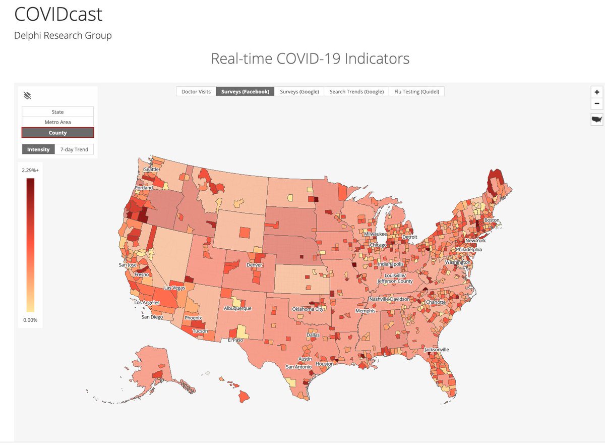 8/ So what does it look like?Well, CMU has put out some maps with the dataand you can toggle through different days on facebook's presentation of it  https://covid-survey.dataforgood.fb.com/  (they only get aggregated data back from CMU)A little hard to know what to make of it, kinda patchy