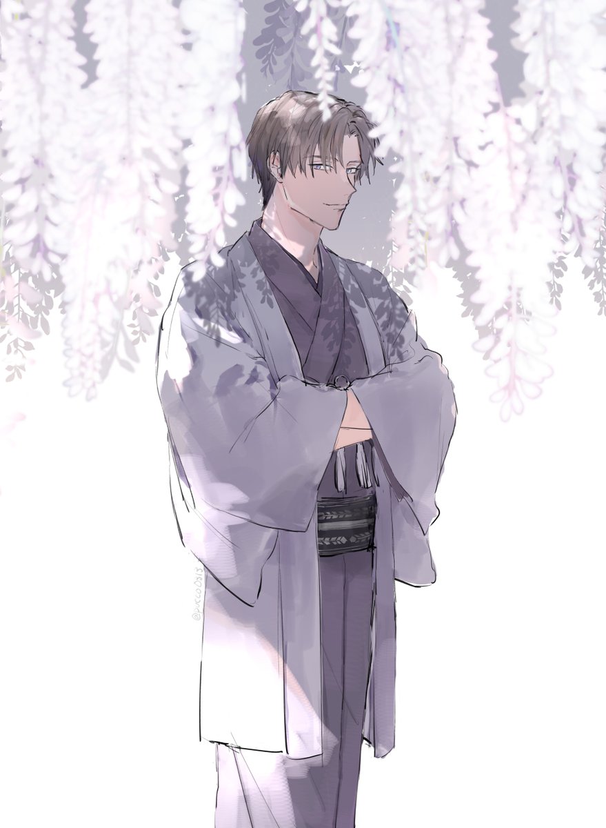 1boy male focus japanese clothes wisteria solo kimono crossed arms  illustration images
