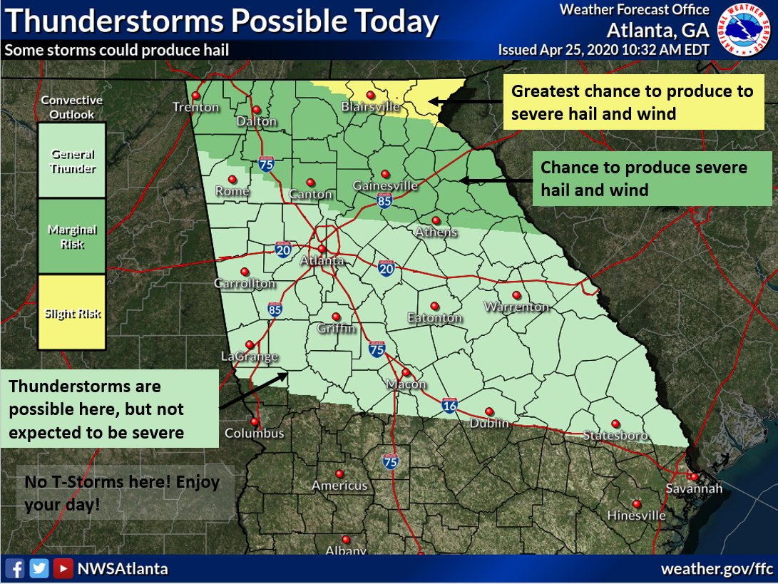 NWSAtlanta's tweet photo. A few storms this afternoon could become severe across northern Georgia. Here's a geographic look at these threats. #gawx https://t.co/c9ZRoteme8