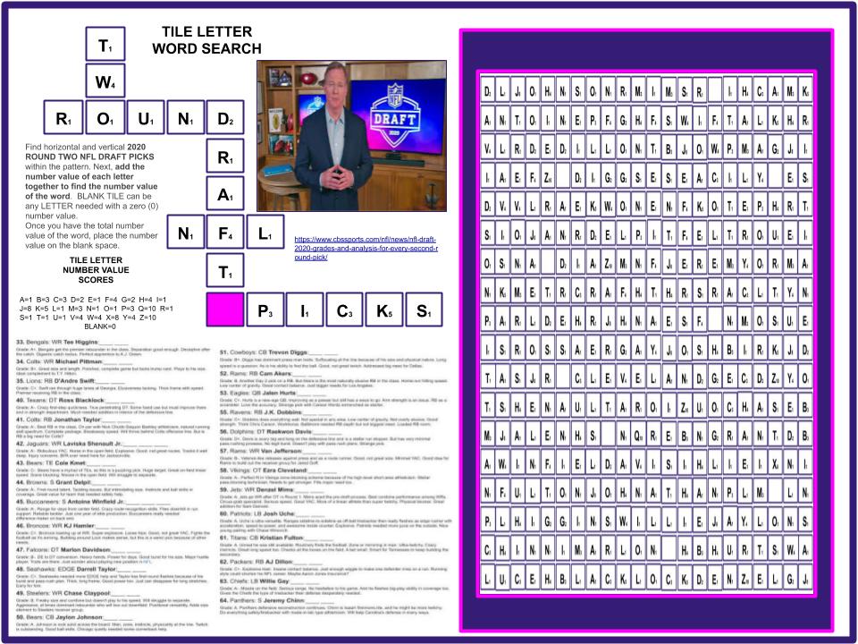 tile_letter's tweet image. #NFLDraft2020 #Round2 #NFLdraftPicks can you find the newest NFL Players on #tileletterwordsearch ? #CBSNews #COVID19 #StayHome #DraftNFL #DraftAThon 
#NFLDraft #ESPN #eSports @ChrisTrapasso #SaturdayMotivation #SaturdayMorning