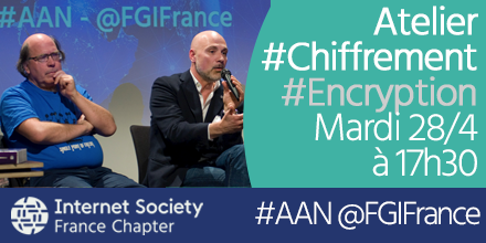 isoc_france's tweet photo. Mardi 28/4 17h30, dans le cadre du @FGIFrance, Atelier sur le #Chiffrement. Intro par @nicochagny, modération @FredericDonck, avec Constance Bommelaer (@internetsociety), @bortzmeyer (@afnic), @didierhoareau (@keexle) et un.e représentant.e de @PaulaForteza. #Encryption #AAN https://t.co/1bEPFuFn1B