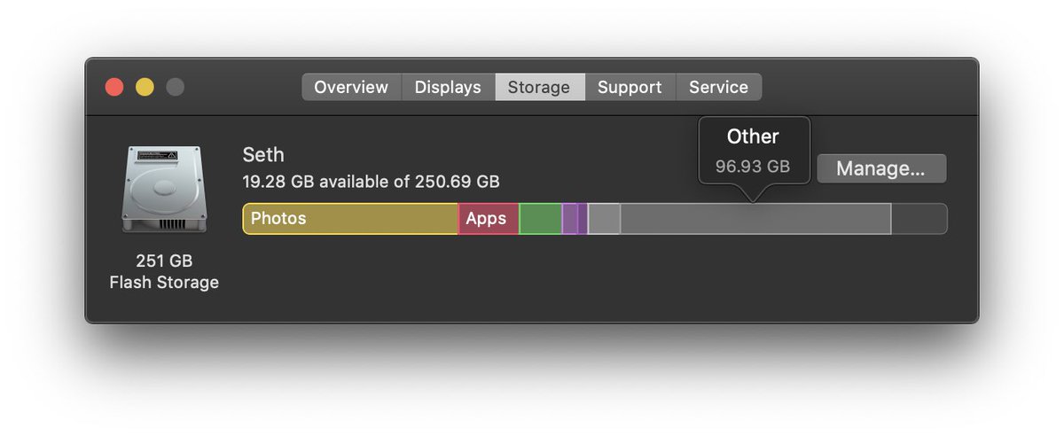 My Mac has an annoying storage issues. “Other” takes up 97GB of storage and here are a few things I discovered that can help you free that up.[A THREAD]