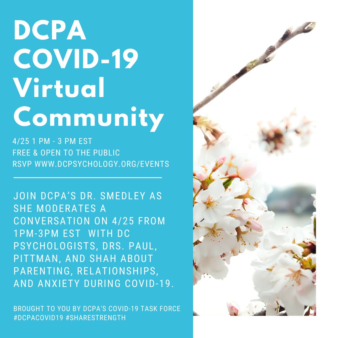 DCPsychAssoc's tweet photo. Join DCPA today at 1 PM EST in our COVID-19 Task Force Mental Health Town Hall; a community conversation that is relevant to all! 🤗 #covidcare #mentalhealth #dcpacovid19 #sharestrength https://t.co/vg4Ond8jdz