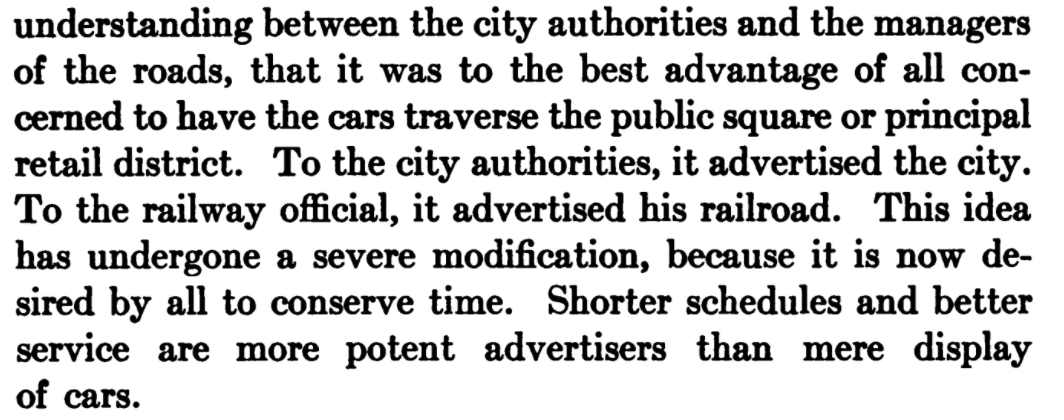 Woods says that in the beginning, running interurban lines in mixed surface traffic helped promote the lines and the business districts they ran through, but now they're viewed as too slow. I think he has private automobiles in mind here driving the change.