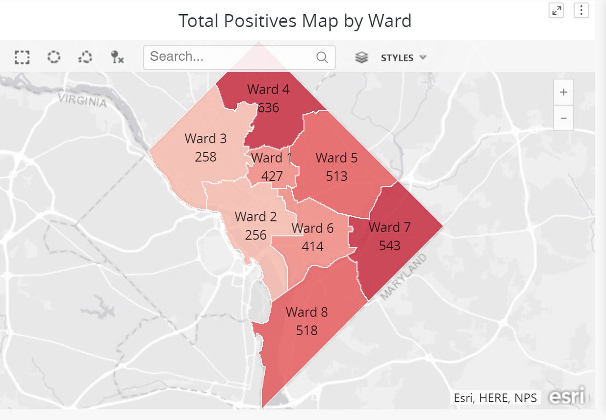 Illustration map of DC eight ward positive coronavirus cases.  Ward 1 has 427, ward 2 has 256, ward 3 has 258, ward 4 has 636, ward 5 has 513, ward 6 has 414, ward 7 has 543 and ward 8 has 518.