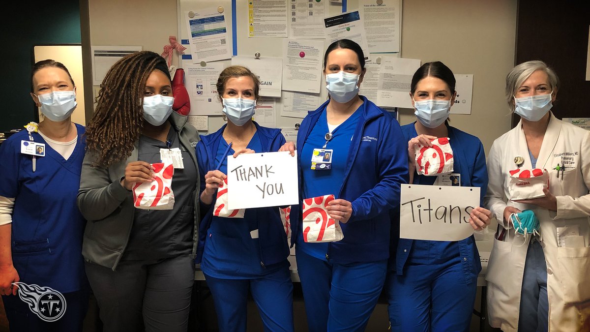 Titans's tweet photo. Breakfast on Byard! @KB31_Era sent Chick-fil-A to all the healthcare workers at @StThomas_Health West. 💙 #StayHomeStayStrong https://t.co/FvjkK1qQz2