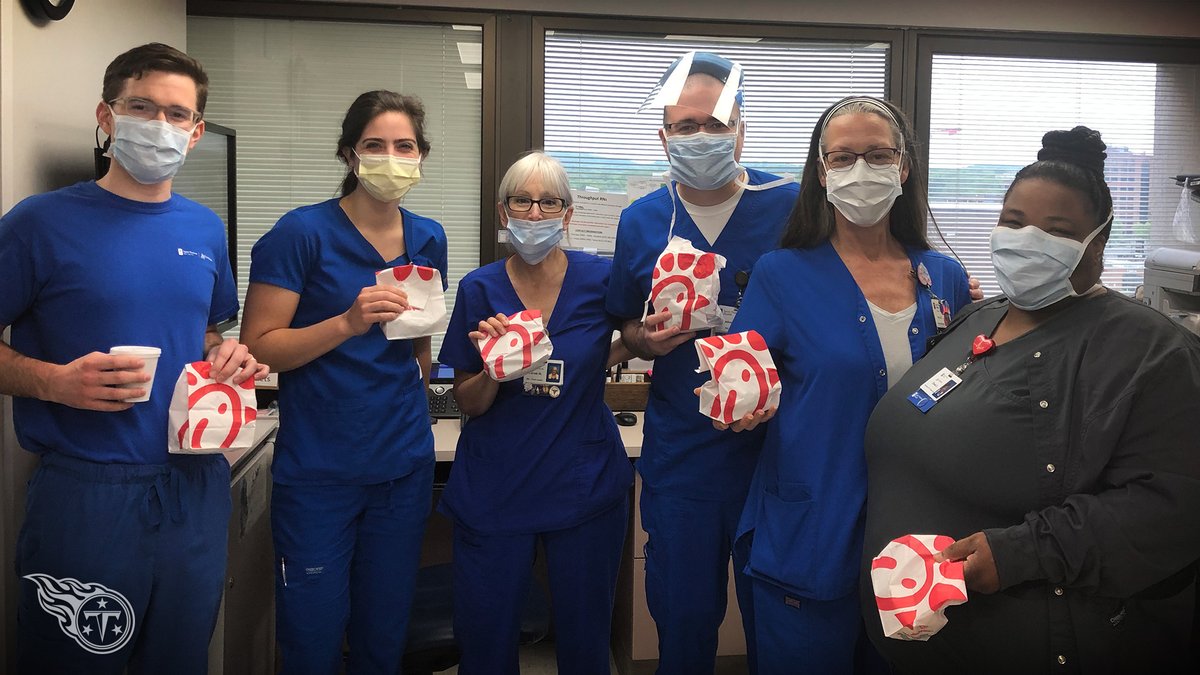 Titans's tweet photo. Breakfast on Byard! @KB31_Era sent Chick-fil-A to all the healthcare workers at @StThomas_Health West. 💙 #StayHomeStayStrong https://t.co/FvjkK1qQz2