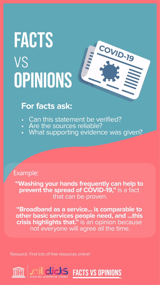 🤔How to know whether a statement is a fact or not? Check first if it can be verified.

During the #COVID19 outbreak, sharing facts are crucial in countering the "infodemic". Share facts, not rumors. #MILCLICKS #ThinkBeforeSharing