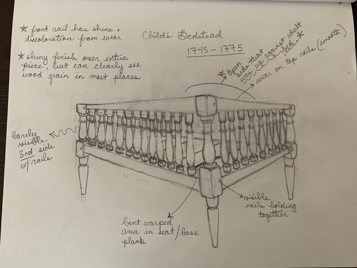 HistoryAndrea's tweet photo. My ⁦@historyAppState⁩ #publichistory students did some beautiful close study/slow looking sketches ⁦⁦@OldSalemInc⁩ . Elizabeth Bailey drew this, a child’s crib, 1745-1775 #mesda https://t.co/GjTqNUduFq