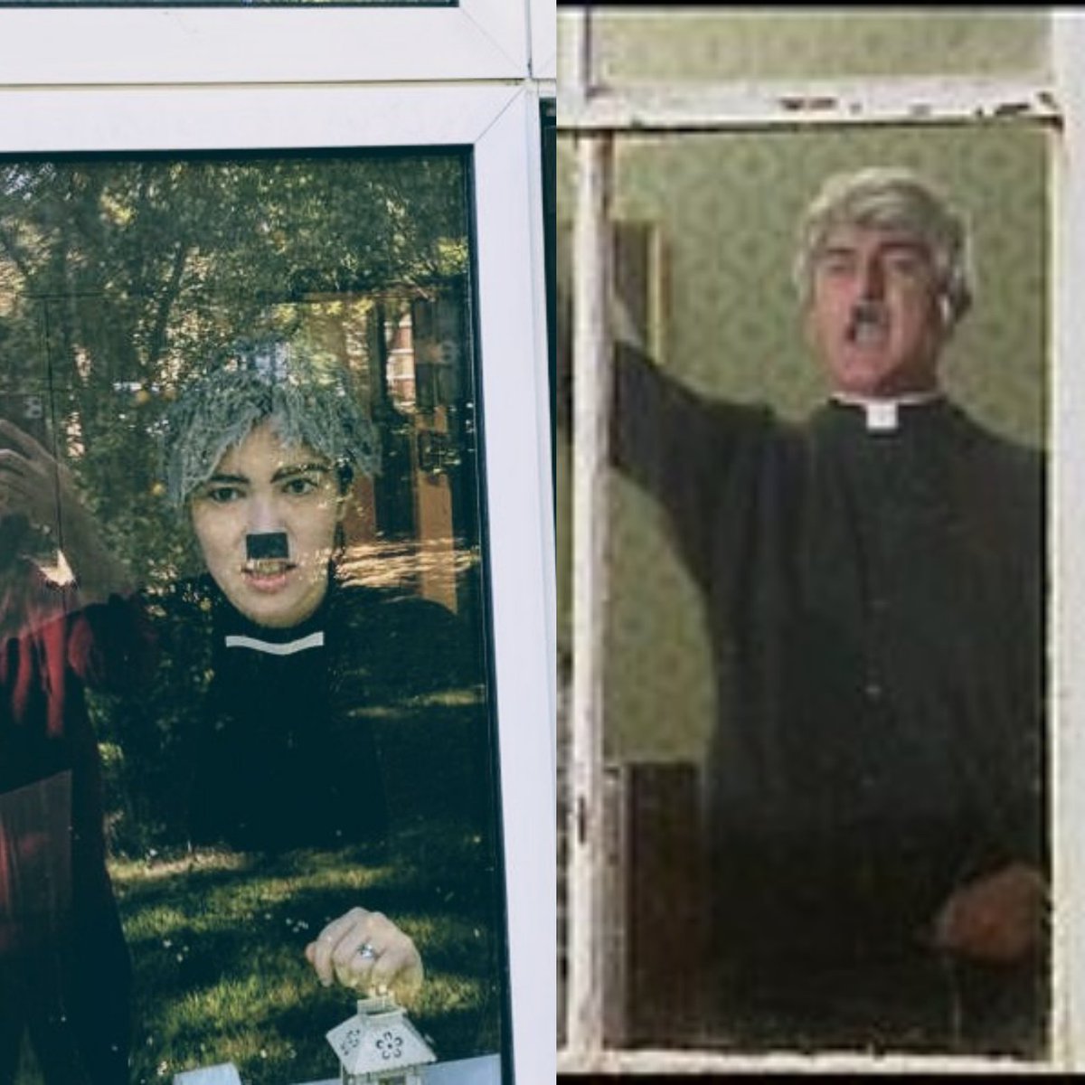 Tried to recreate the Father Ted window scene for my 26 costumes in two days  #TwoPointSixChallenge but it didn't come out quite right. Pleased with the wig though. As my mum said "An hour ago that tea towel was minding its own business". Sponsor me here: https://uk.virginmoneygiving.com/RebeccaCooney2 